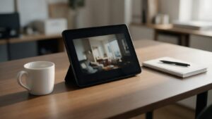 Tablet sobre mesa mostrando foto do andamento da obra de um apartamento