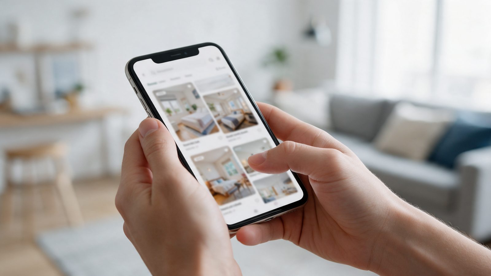 Celular nas mãos mostrando o anúncio de um studio com fotos do imóvel