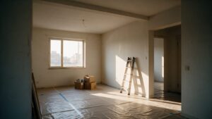 Apartamento vazio com caixas e escada, parado esperando o início da reforma
