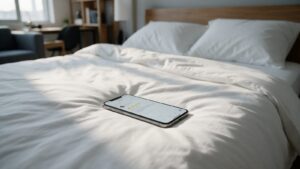 Celular sobre a cama de um studio mostrando a avaliação de cinco estrelas de um hóspede