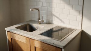 Bancada de granito claro com cuba, torneira e backsplash de cerâmica em studio