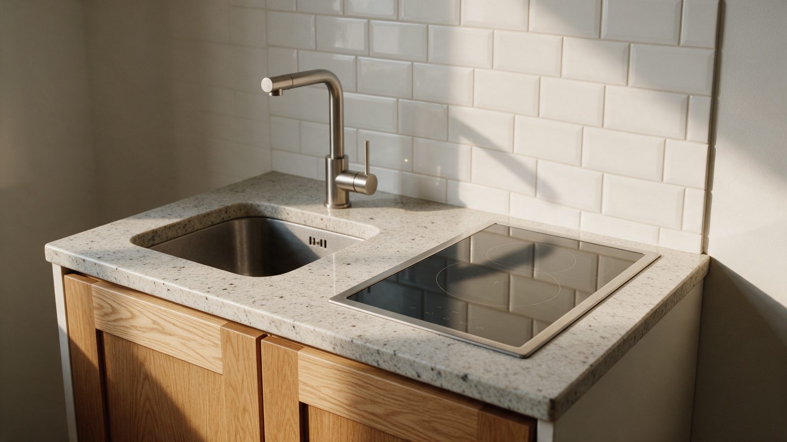 Bancada de granito claro com cuba, torneira e backsplash de cerâmica em studio