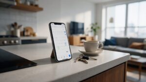 Celular sobre bancada mostrando calendário de reservas de um studio de temporada