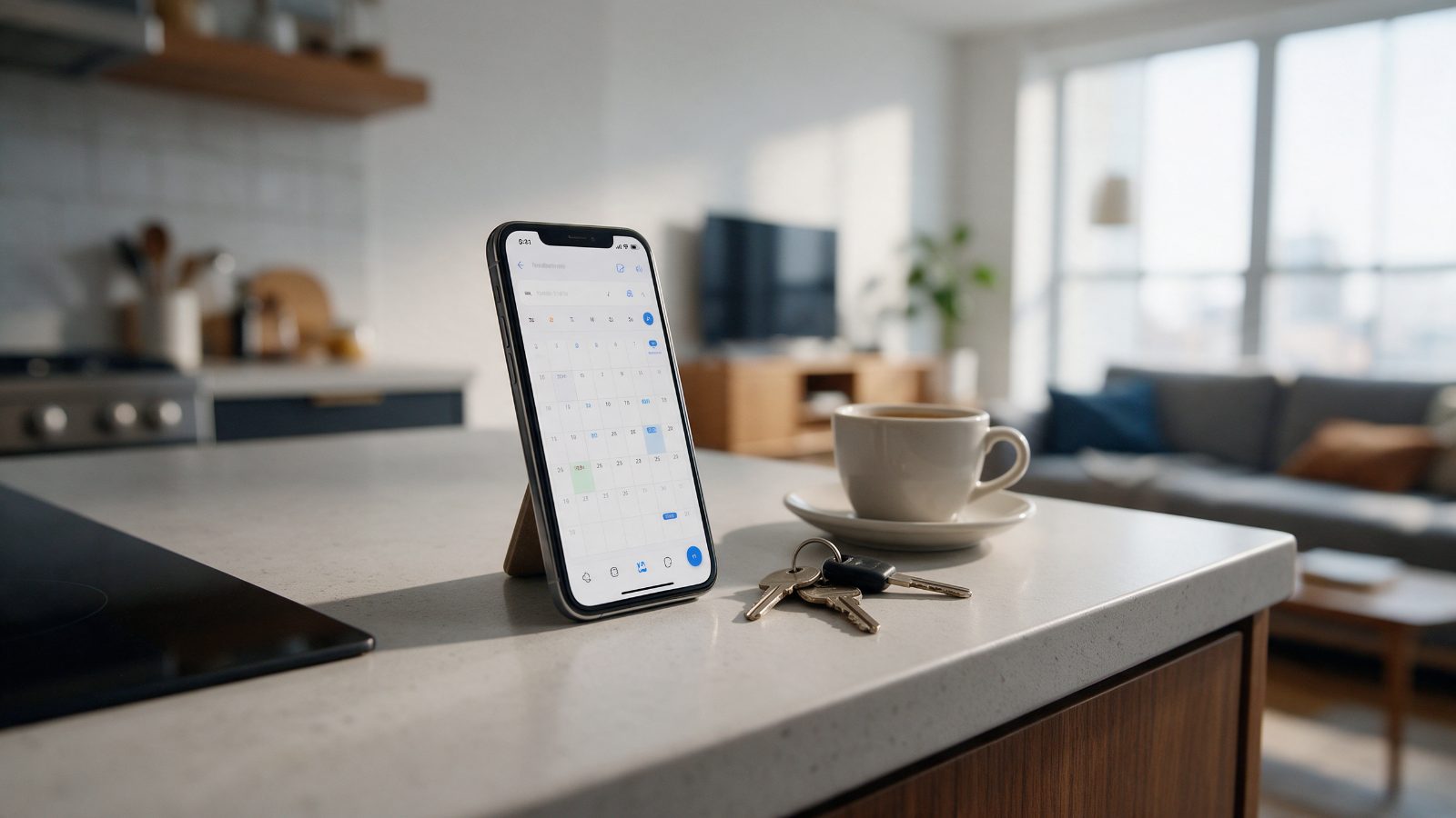 Celular sobre bancada mostrando calendário de reservas de um studio de temporada