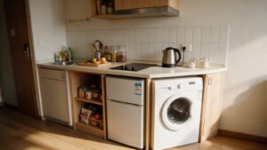 Cozinha equipada de studio para estadia longa, com cooktop, geladeira e lava e seca
