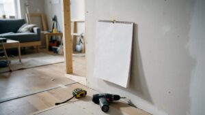Calendário na parede de um studio em obra, ao lado de trena e parafusadeira