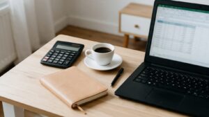 Mesa com calculadora, caderno e laptop para calcular o custo mensal de um studio