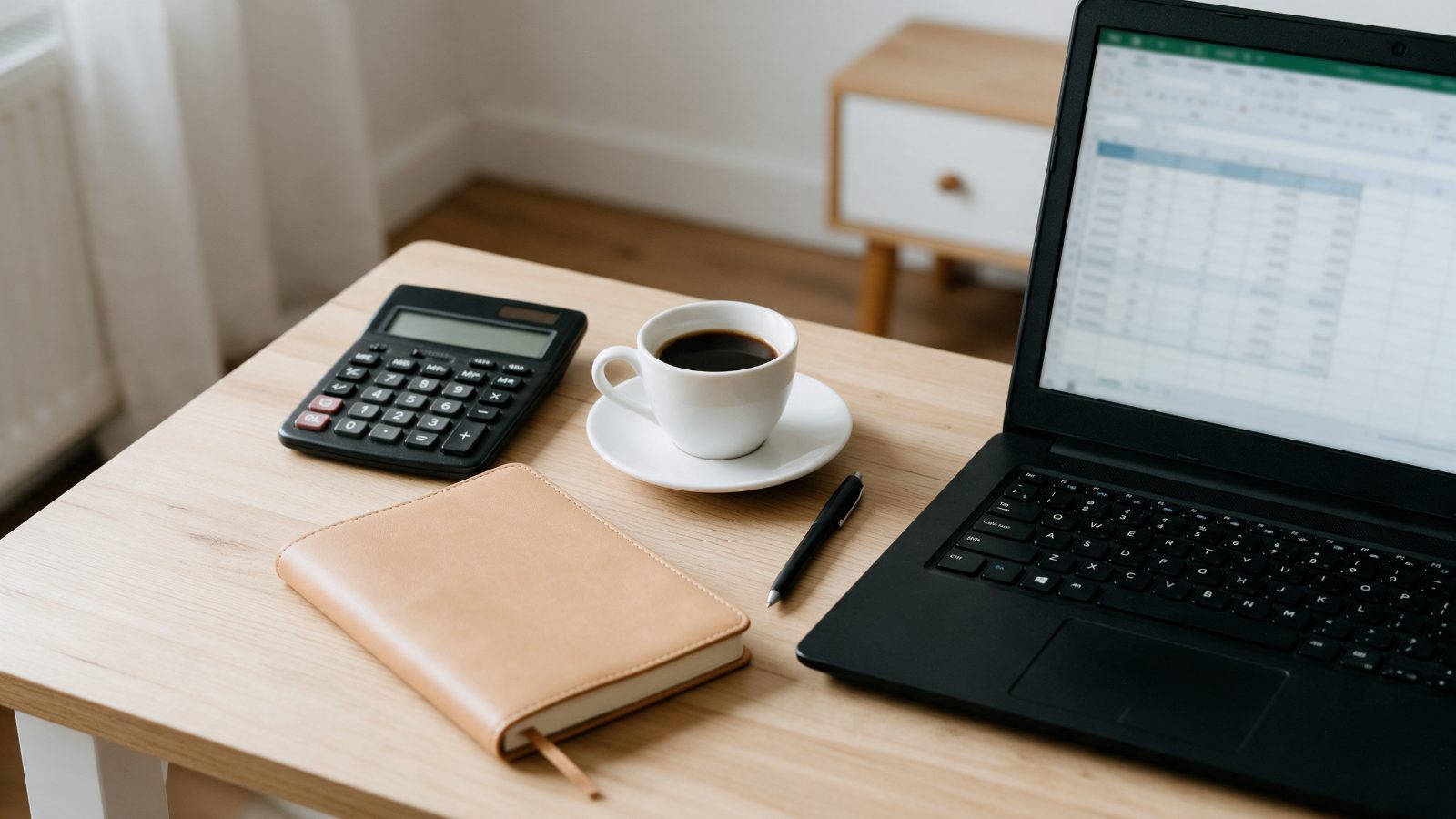 Mesa com calculadora, caderno e laptop para calcular o custo mensal de um studio