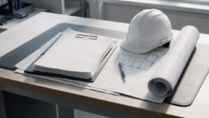 Documentos técnicos de obra em pasta, caneta e capacete branco sobre a mesa