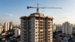 Edifício residencial em construção em São Paulo ao fim da tarde