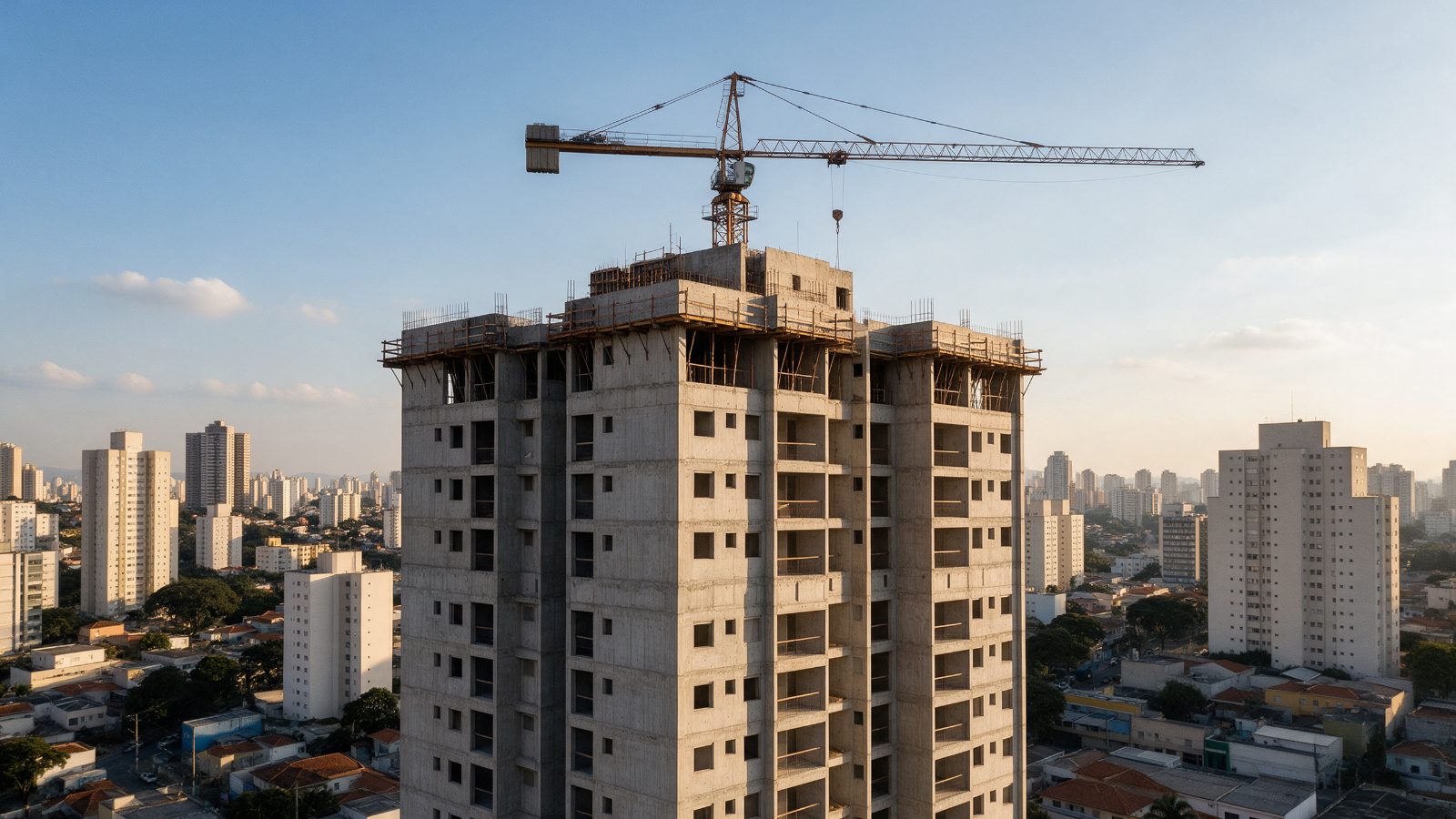 Edifício residencial em construção em São Paulo ao fim da tarde