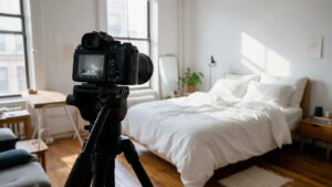 Câmera em tripé fotografando um studio mobiliado para o anúncio