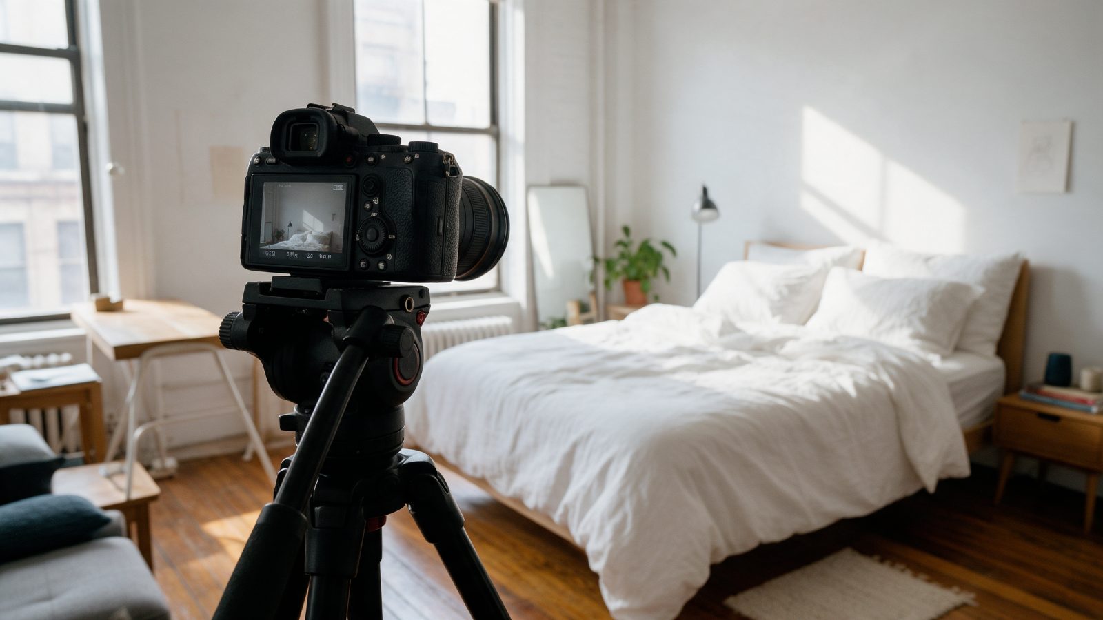 Câmera em tripé fotografando um studio mobiliado para o anúncio
