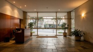 Hall de entrada de prédio residencial em São Paulo com portaria e piso de pedra