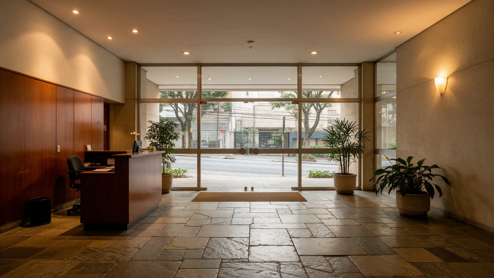Hall de entrada de prédio residencial em São Paulo com portaria e piso de pedra