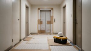 Hall e elevador protegidos com mantas para a obra, com capacete sobre a caixa de ferramentas