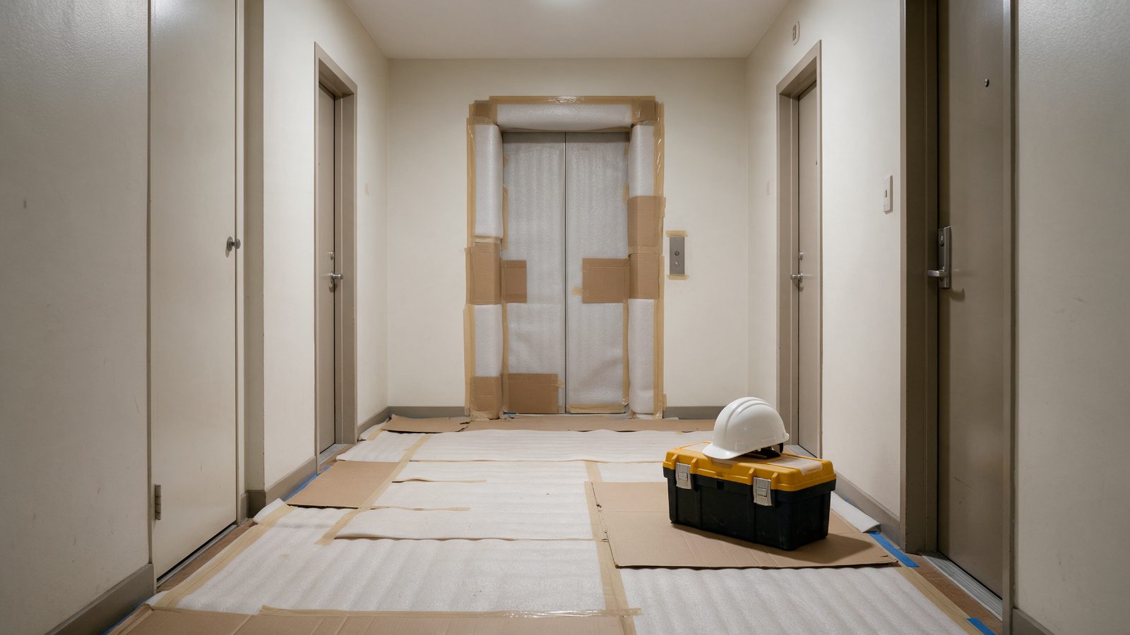 Hall e elevador protegidos com mantas para a obra, com capacete sobre a caixa de ferramentas