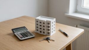 Maquete de edifício, calculadora e chaves de apartamento sobre mesa de madeira