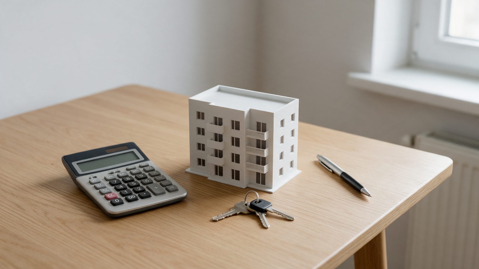 Maquete de edifício, calculadora e chaves de apartamento sobre mesa de madeira