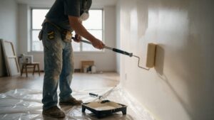 Pintura de parede em tom off-white em studio vazio, com piso protegido