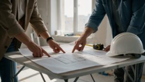 Dois profissionais analisando a planta de um apartamento em obra, com trena e capacete